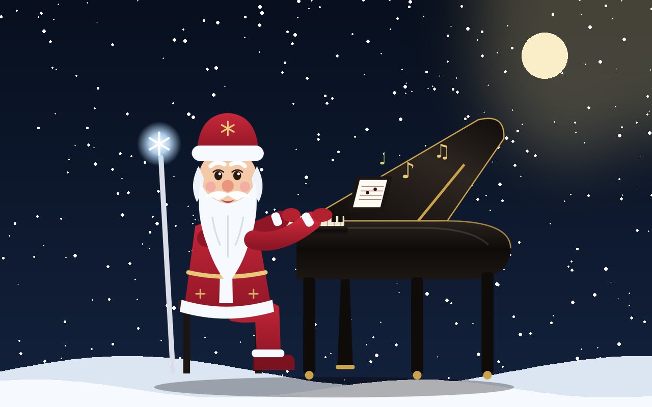 Santa playing a Christmas song on a grand piano